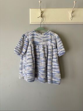 Hand Knit Baby Dress Blue White Striped 6–12 Months Wooden Button